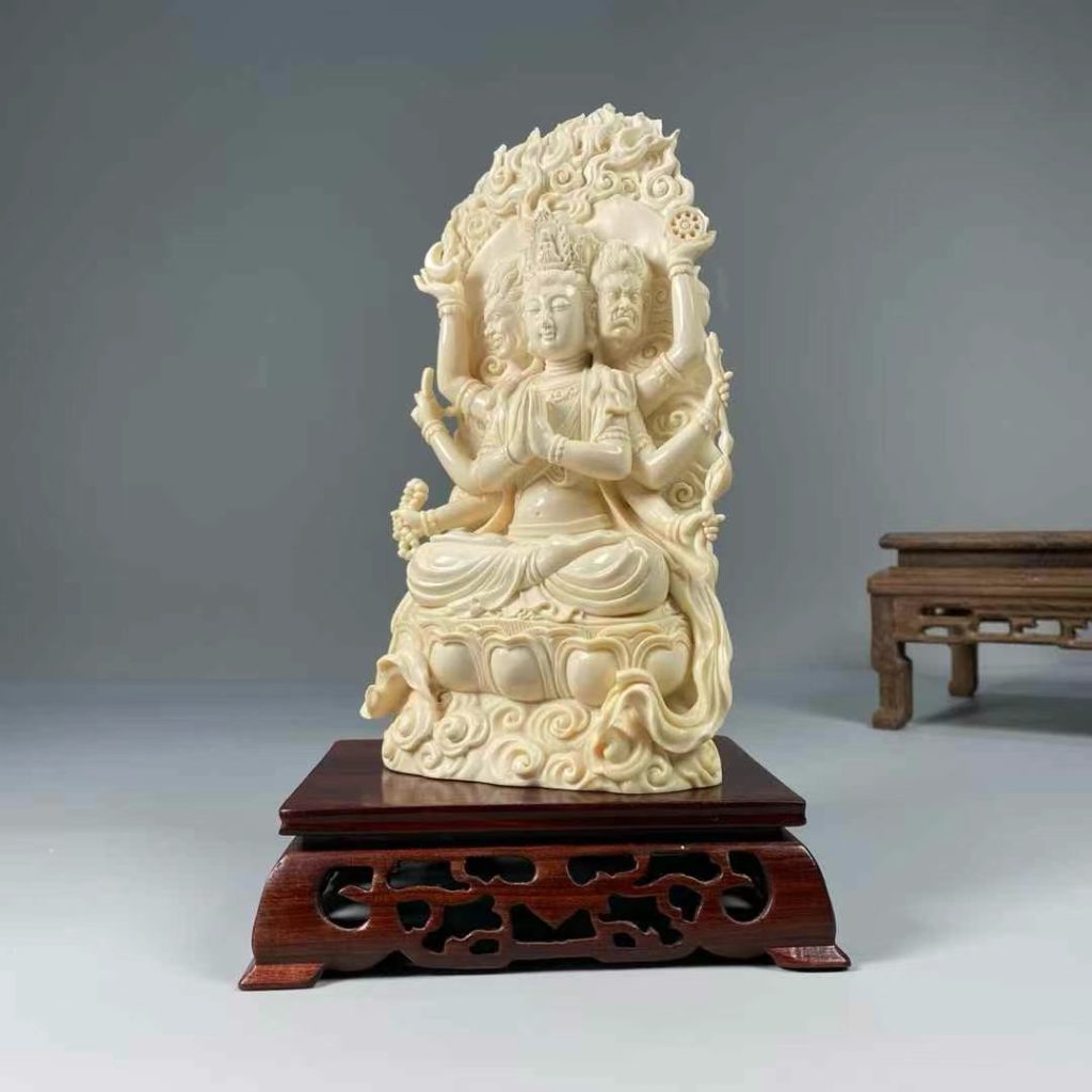 猛犸象牙八臂观音摆件|收藏级冰料牙雕,供奉与赏玩皆宜