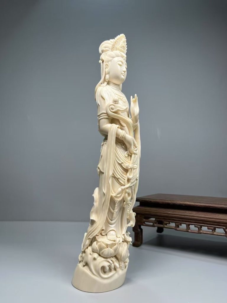 猛犸象牙雕刻如意观音摆件——顶级冰料，水润满纹，收藏雅逸之作